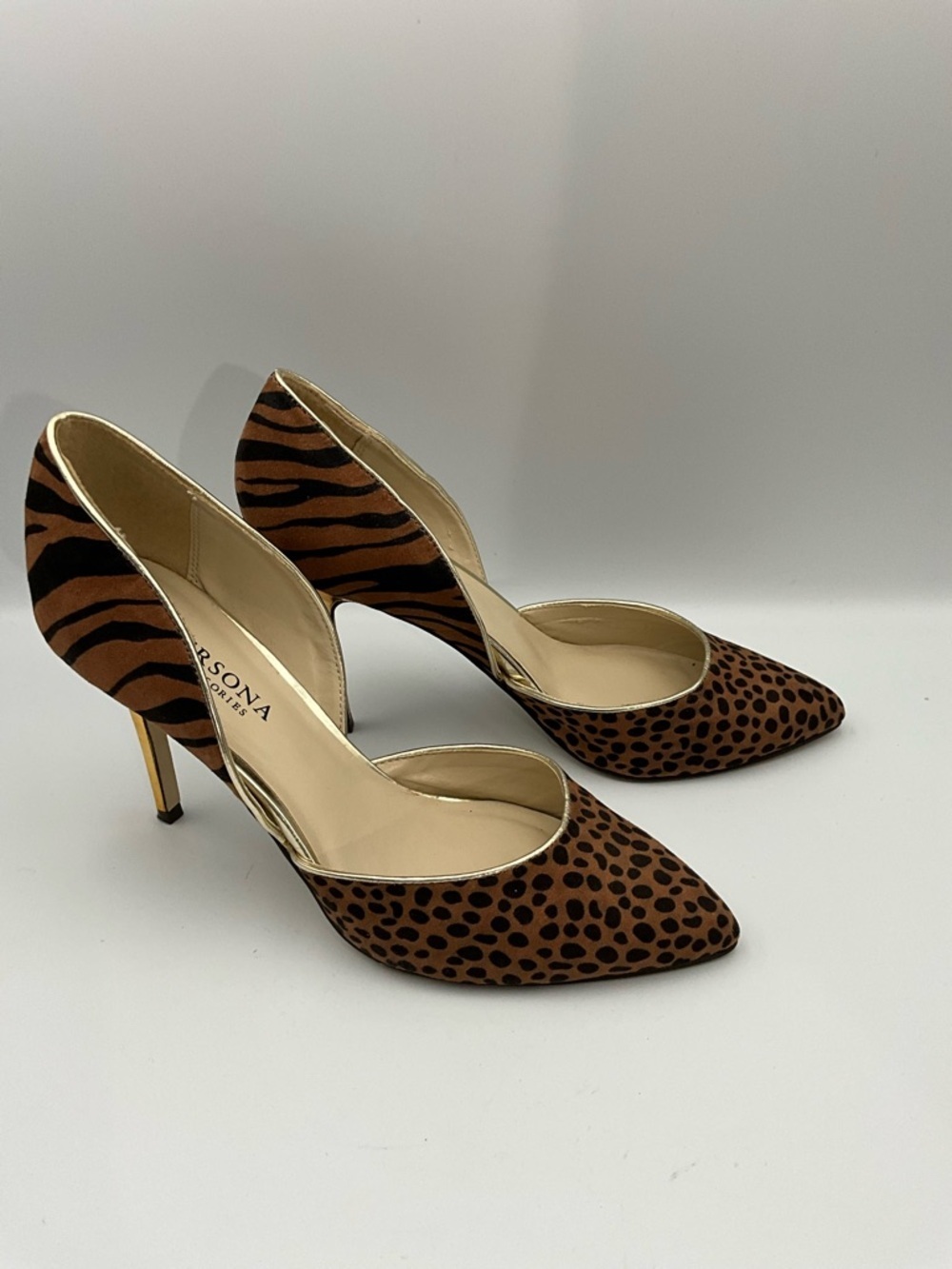 Versona Pumps Size 8 Brown Leopard & Zebra D'Orsay with Gold Trim